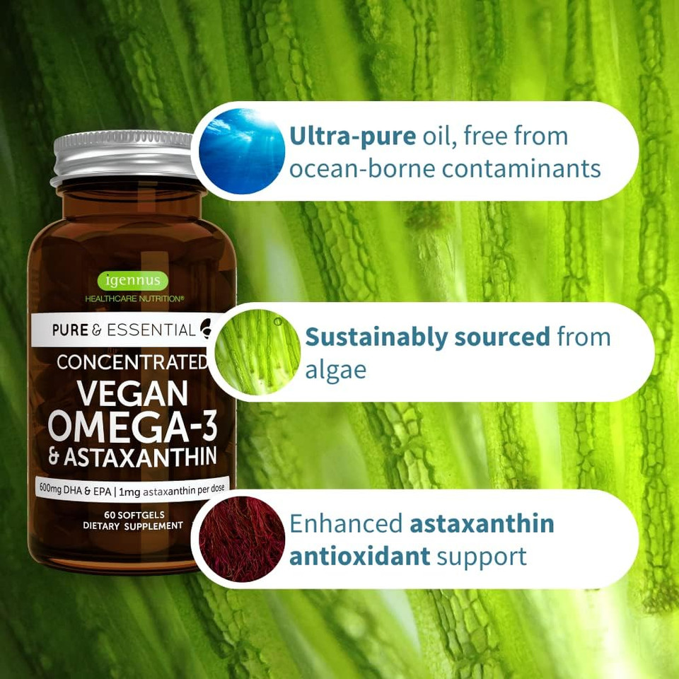 Pure & Essential Vegan Omega 3 & Astaxanthin, High Concentration Epa Dha Algae Oil, Non-Gmo, Sustainable & Pure, 600Mg Dha & Epa For Heart, Brain & Eyes, 60 Small Softgels60 Count (Pack Of 1)