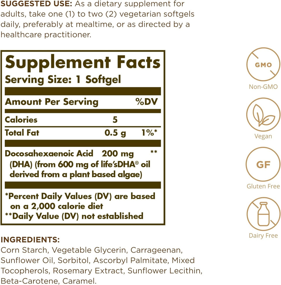 Solgar Vegetarian Dha 200 Mg - 50 Vegetarian Softgels - Naturally Sourced Omega-3 - Vegan, Gluten Free, Dairy Free - 50 Servings