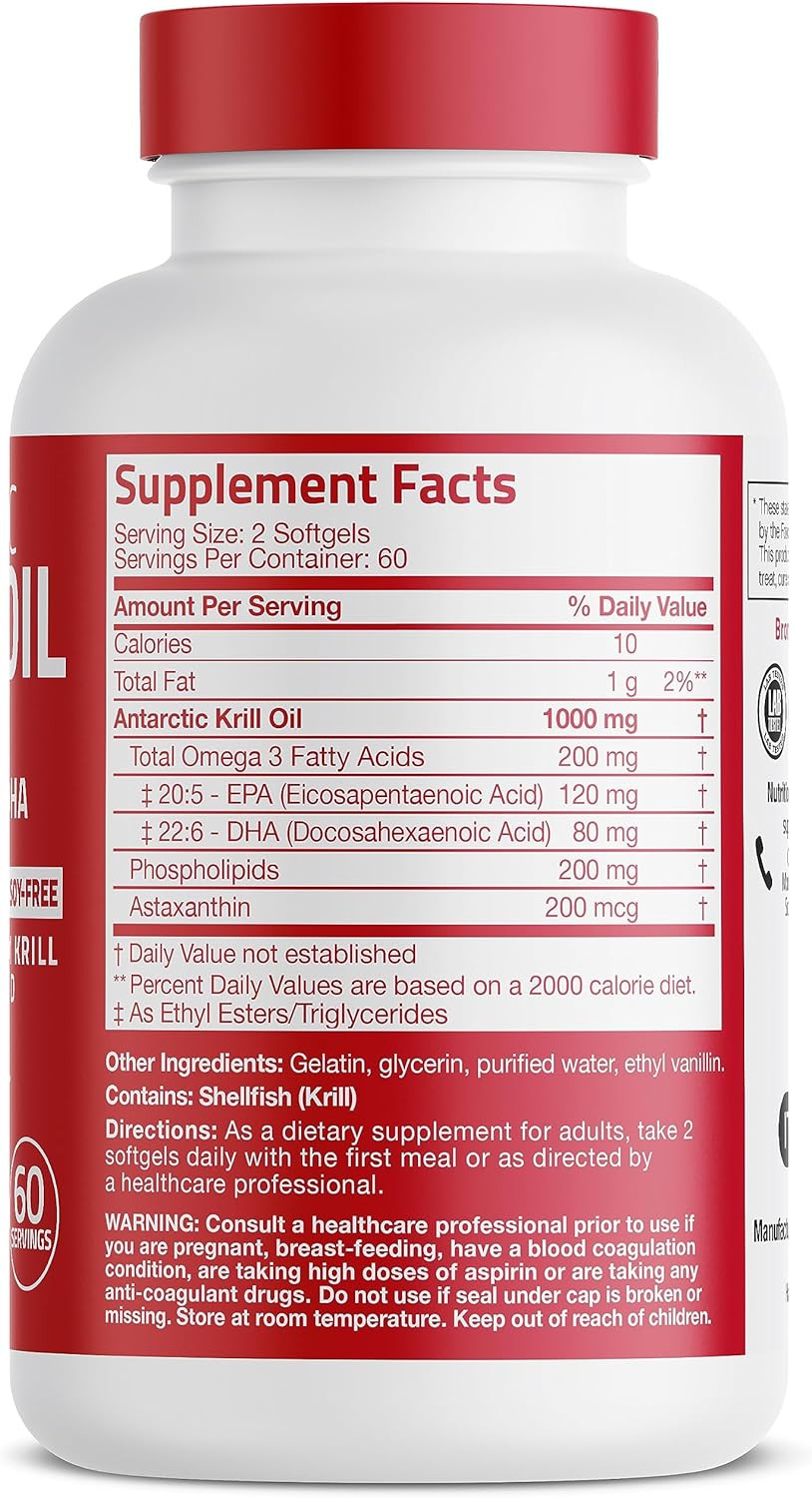 Bronson Antarctic Krill Oil 1000 Mg With Omega-3S Epa, Dha, Astaxanthin And Phospholipids 120 Softgels120 Count (Pack Of 1)