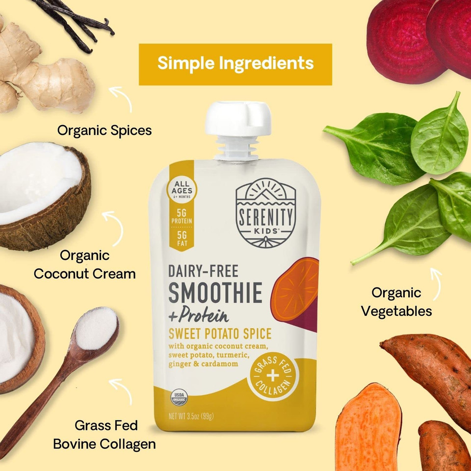 Serenity Kids 6+ Months Dairy-Free Smoothie Baby Food | Usda Organic | Grass Fed Collagen Protein | 3.5 Ounce Bpa-Free Pouch | Sweet Potato Spice | 6 Count