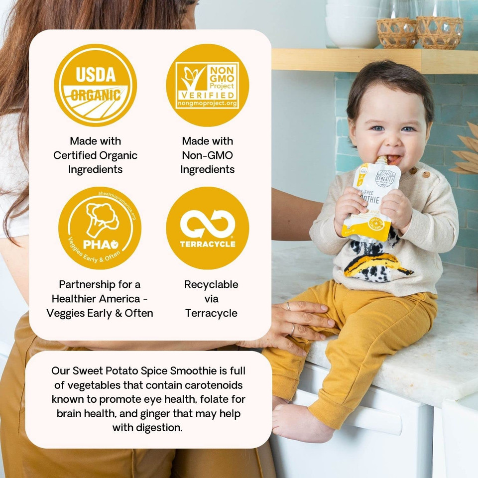 Serenity Kids 6+ Months Dairy-Free Smoothie Baby Food | Usda Organic | Grass Fed Collagen Protein | 3.5 Ounce Bpa-Free Pouch | Sweet Potato Spice | 6 Count