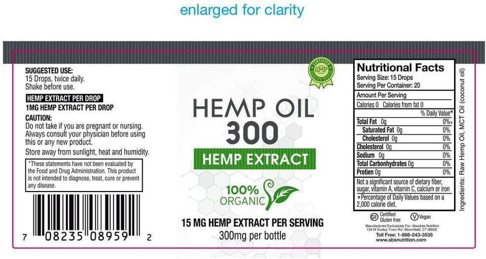 Absolute Nutrition Hemp Oil 300Mg - 100% Organic Hemp Drops - Rich In Omega Fatty Acids 3 6 9 - Grown And Made In Usa - With Mct Oil
