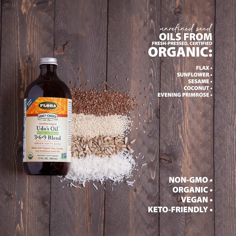 Flora - Udo'S Choice High-Lignan 369 Omega Oil Blend, Udo'S Oil Balanced 2:1:1 Ratio Of Omega Fatty Acids, Made With Organic Flax, Sesame & Sunflower Seed Oils, 17-Oz. Glass Bottle