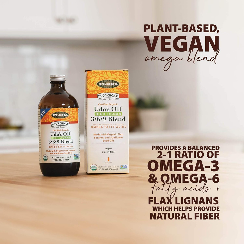 Flora - Udo'S Choice High-Lignan 369 Omega Oil Blend, Udo'S Oil Balanced 2:1:1 Ratio Of Omega Fatty Acids, Made With Organic Flax, Sesame & Sunflower Seed Oils, 17-Oz. Glass Bottle