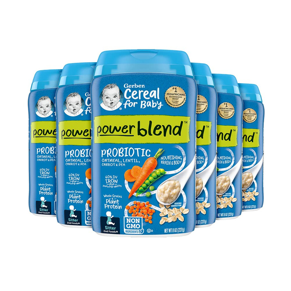 Gerber Baby Cereal 2Nd Foods Probiotic, Powerblend, Oatmeal Lentil Carrot Pea, 8 Ounce (Pack Of 6)