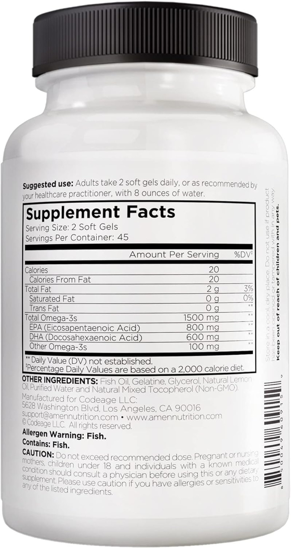 Amen Omega-3 Supplement - 1500Mg High-Potency Daily Omega 3 - Epa And Dha Fatty Acids Fish Oil - 45-Day Supply - Heart Health, Immune, Brain, Cognition, Memory Support Vitamins - 90 Soft Gels Capsules