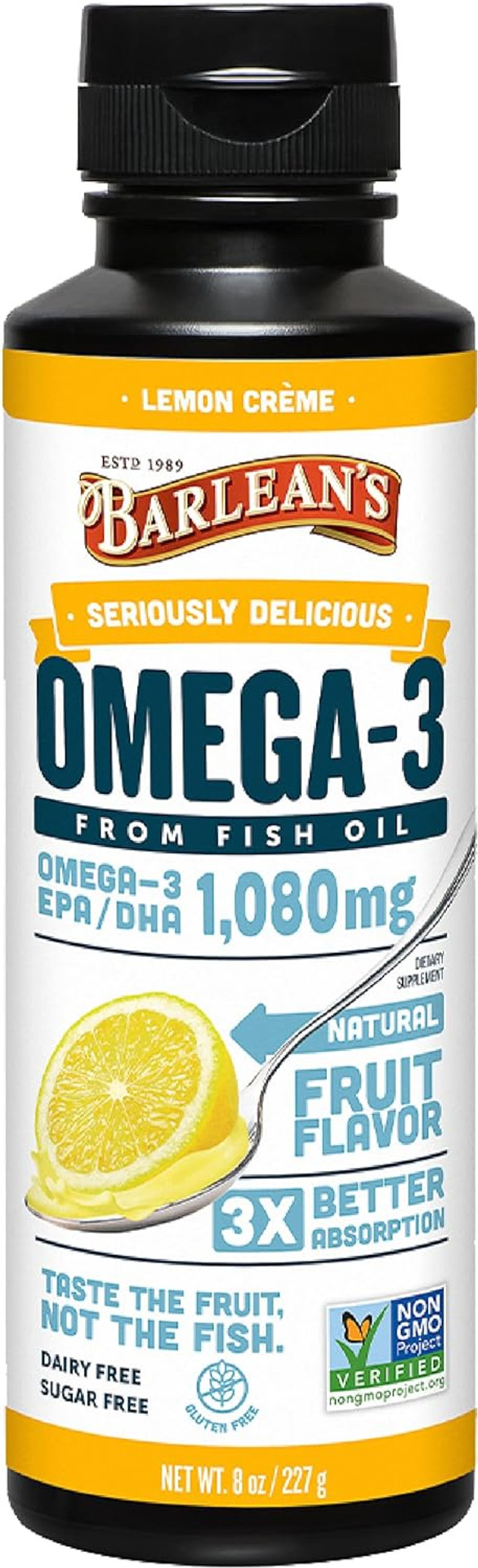 Barlean's Lemon Crème Omega 3 Fish Oil Liquid Supplement, 1080mg of Omega 3 EPA & DHA Fatty Acid, Smoothie Flavored & Burpless for Brain, Joint, & Heart Health, 8 oz8 Fl Oz (Pack of 1)