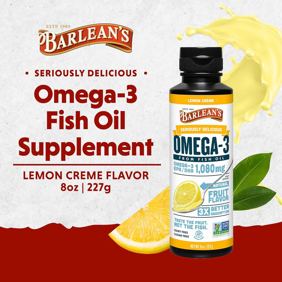 Barlean'S Lemon Crã£Â¨Me Omega 3 Fish Oil Liquid Supplement, 1080Mg Of Omega 3 Epa & Dha Fatty Acid, Smoothie Flavored & Burpless For Brain, Joint, & Heart Health, 8 Oz8 Fl Oz (Pack Of 1)