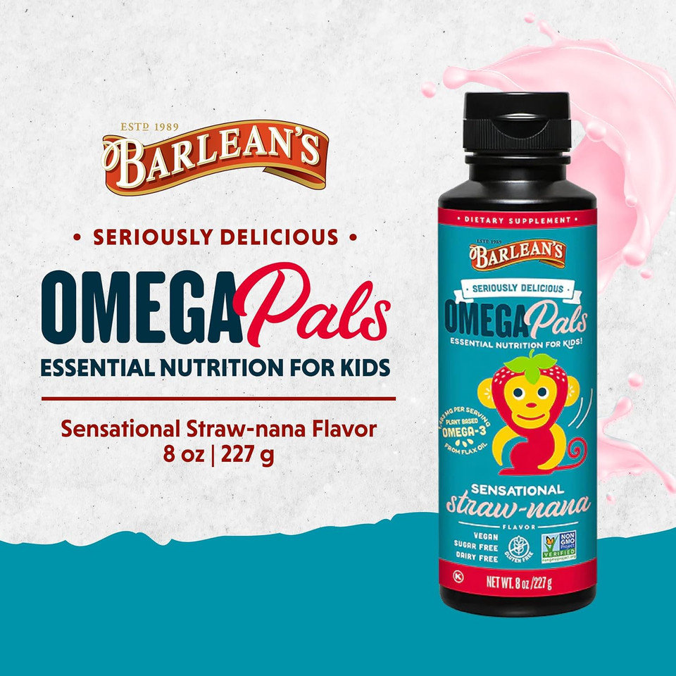 Barlean'S Omega Pals Omega 3 For Kids, Yummy Straw-Nana Flavored Children'S Liquid Flax Seed Oil Supplement With 1,483 Mg Ala, Non-Gmo, Vegan Brain & Eye Health, 8 Oz