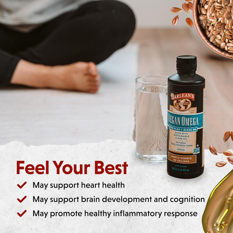 Barlean'S Vegan Omega Liquid Flax And Algae Oil Plant Based Epa Dha Supplement From Algal Oil And Organic Flaxseed, Omegas 3 6 And 9 Fatty Acid Supplements, 16 Ounces