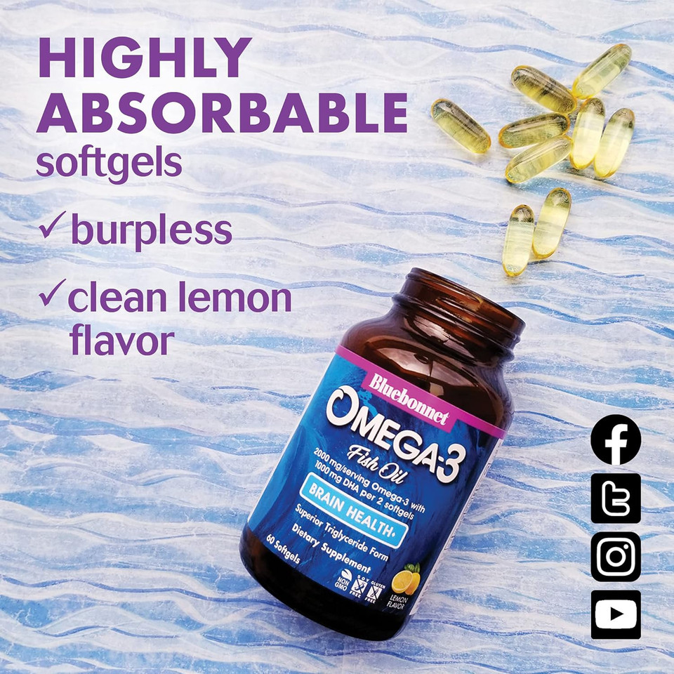 Bluebonnet Nutrition Omega-3 Brain Formula Natural Wild Caught Triglyceride Form Dha 860 Mg Epa 120 Mg - Highly Concentrated Cognitive Health & Wellness Support Supplement - Gluten-Free - 60 Softgels