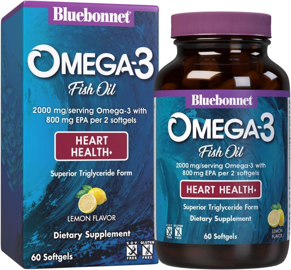 Bluebonnet Nutrition Omega-3 Heart Formula Natural Wild Caught Triglyceride Form Dha 600 Mg Epa 800 Mg - Highly Concentrated Heart Health Support Supplement - Gluten-Free - 60 Softgel