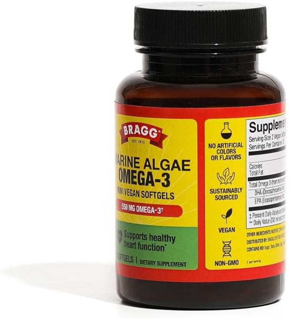 Bragg Vegan Omega 3 Supplement  Sustainably Sourced Marine Algae  Helps Support Brain, Eye & Heart Health - Includes Epa & Dha Fatty Acids  Non-Gmo - 60 Softgels