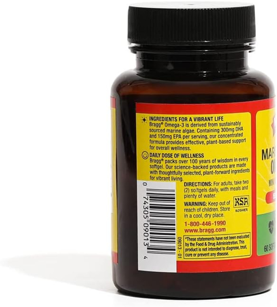 Bragg Vegan Omega 3 Supplement  Sustainably Sourced Marine Algae  Helps Support Brain, Eye & Heart Health - Includes Epa & Dha Fatty Acids  Non-Gmo - 60 Softgels