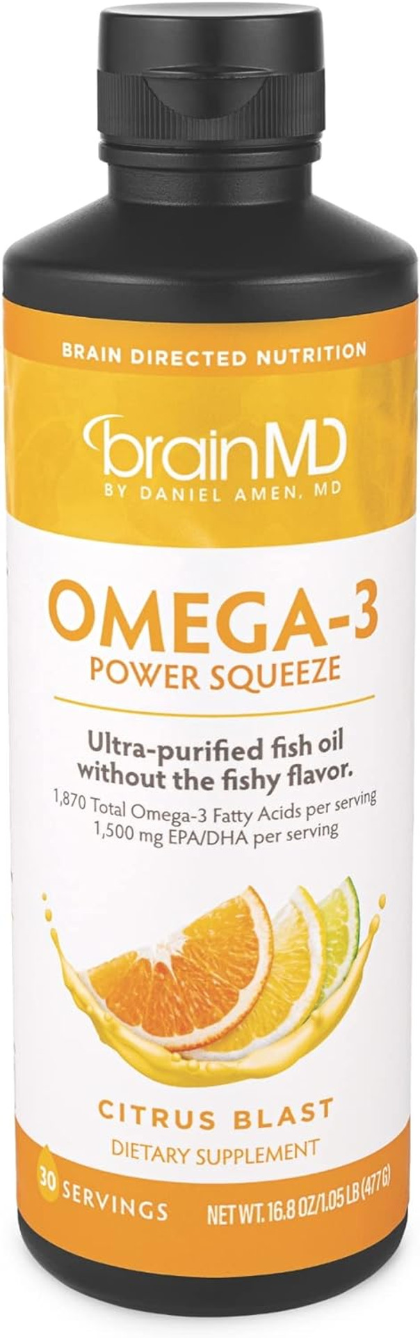Brainmd Dr Amen Omega-3 Power Squeeze, Citrus Blast - 16.8 Oz - Supports Cardiovascular, Brain & Immune System Health - Gluten Free - 30 Servings
