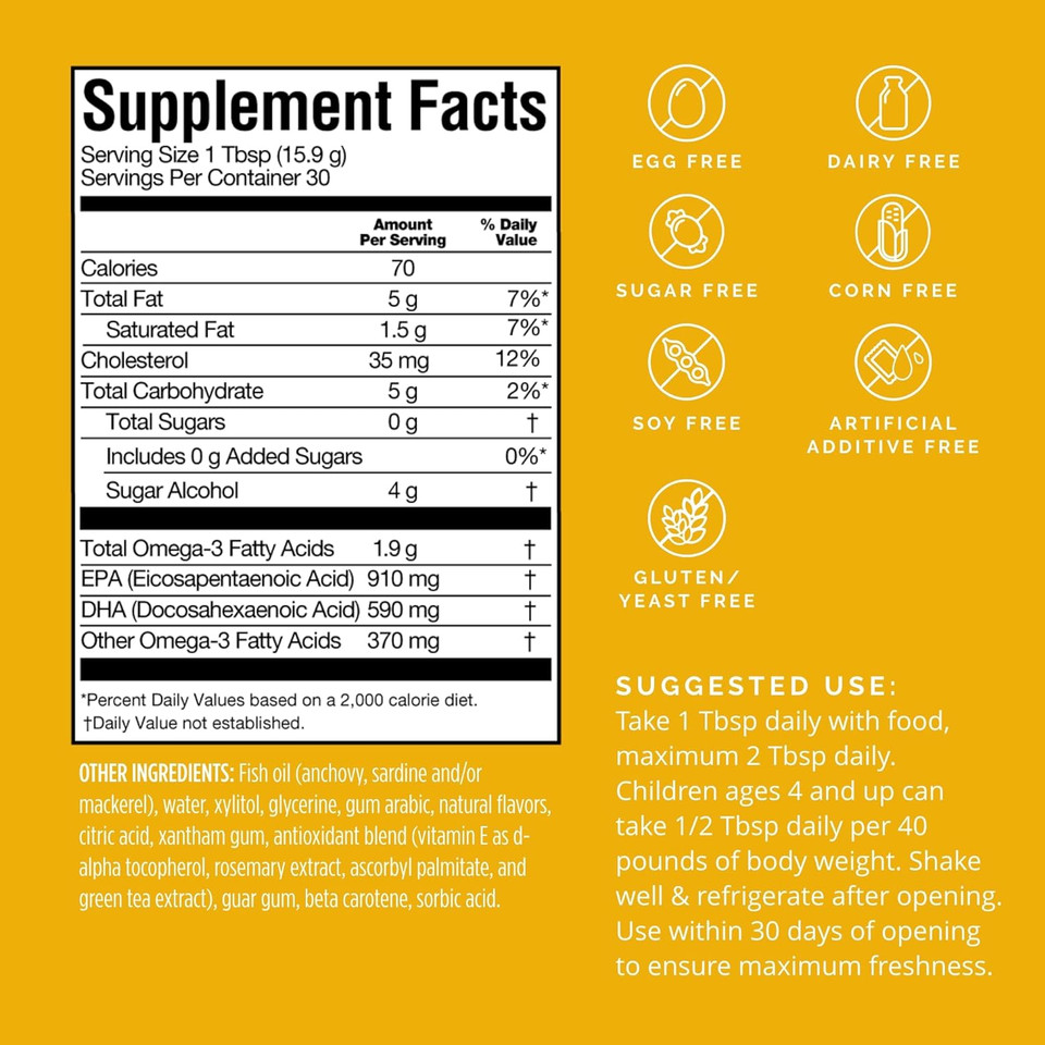 Brainmd Dr Amen Omega-3 Power Squeeze, Citrus Blast - 16.8 Oz - Supports Cardiovascular, Brain & Immune System Health - Gluten Free - 30 Servings