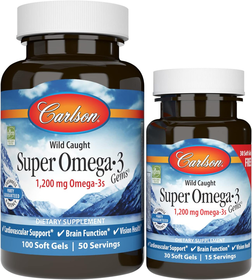 Carlson - Super Omega-3 Gems, 1200 Mg Omega-3 Fatty Acids With Epa And Dha, Wild-Caught Norwegian Supplement, Sustainably Sourced Fish Oil Capsules, Omega 3 Supplements, 100+30 Softgels130 Count (Pack Of 1)