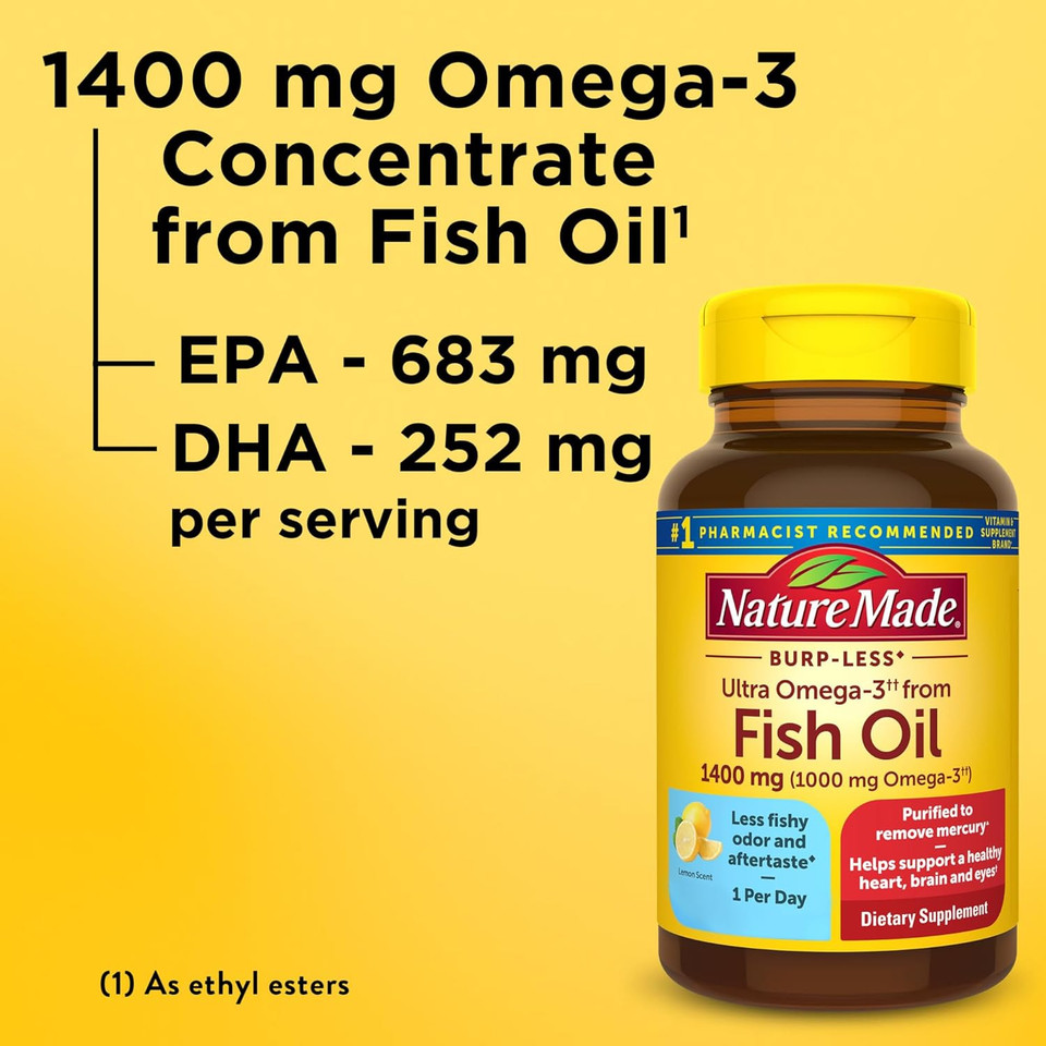 Nature Made Burp Less Ultra Omega 3 Fish Oil 1400 Mg, Fish Oil Supplements, Omega 3 Supplement For Healthy Heart, Brain And Eyes Support, One Per Day, 45 Softgels