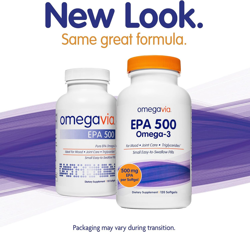 Omegavia Epa 500 Omega-3 Fish Oil, 120 Capsules, 500 Mg Epa/Pill, High-Purity Epa Formula (Triglyceride Form), Ifos 5-Star Certified, W/Fish Gelatin Capsule, Gluten-Free, Non-Gmo