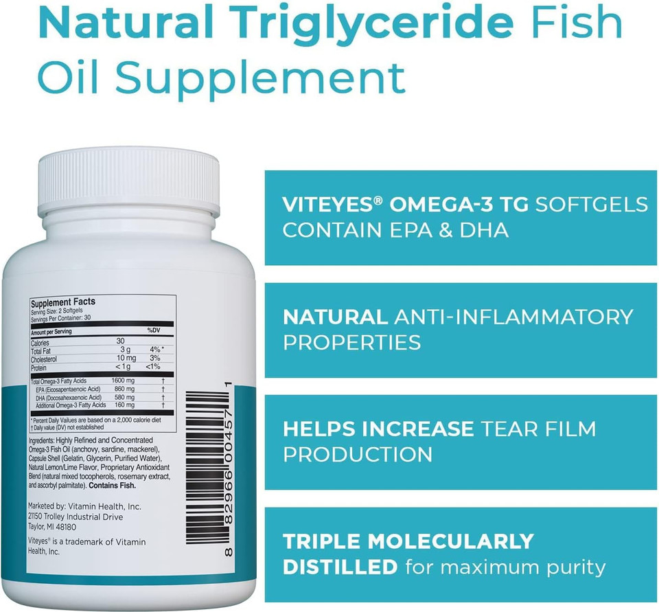 Viteyes Omega-3 Tg Eye & Heart Health Supplement, Natural Triglyceride Fish Oil Formula, Clear, 60 Count