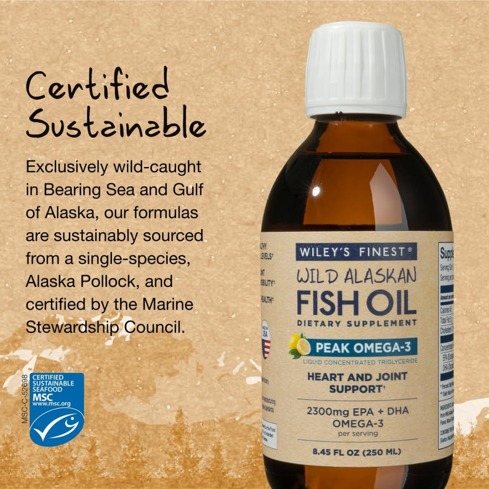 Wiley'S Finest Wild Alaskan Fish Oil Peak Omega-3 Liquid Supplement - 2300Mg Epa And Dha Omega-3S - Lemon Flavor - 8.45 Oz (50 Servings)