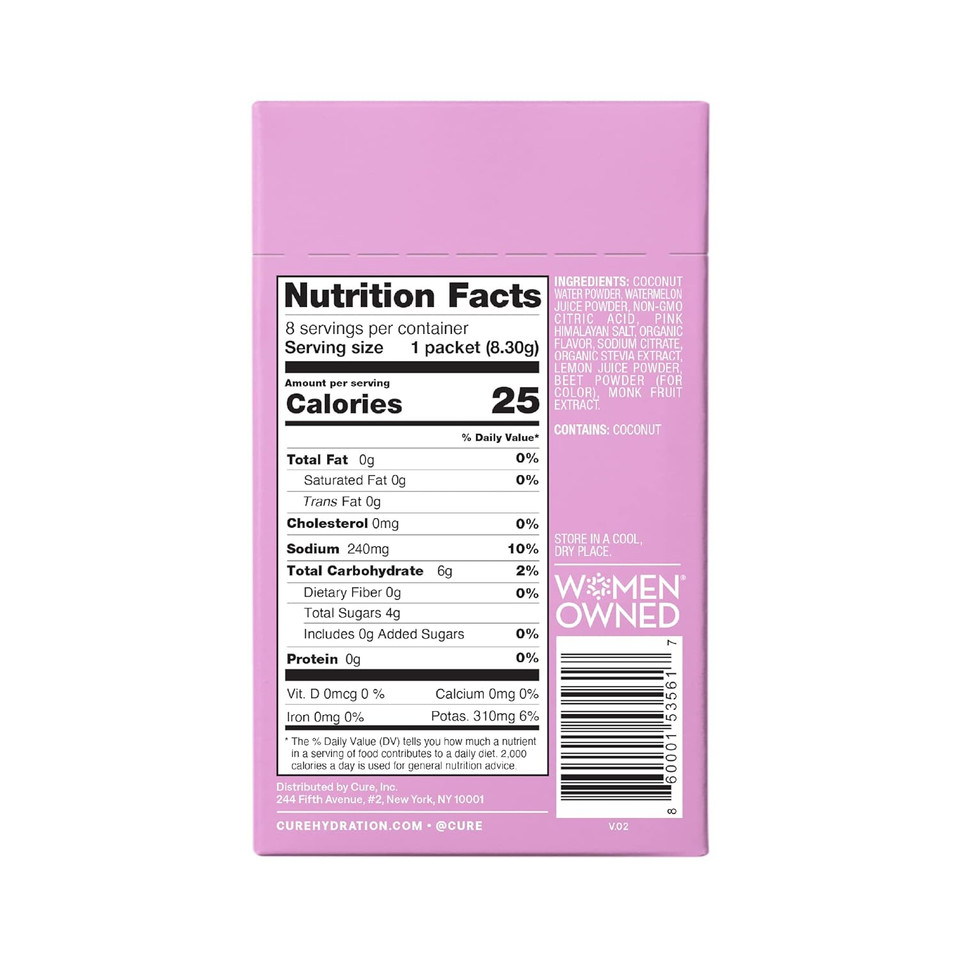 Cure Hydrating Electrolyte Mix | Powder For Dehydration Relief | Fsa & Hsa Eligible | Made With Coconut Water | No Added Sugar | Vegan | Paleo Friendly | Box Of 8 Packets - Watermelon8 Count (Pack Of 1)