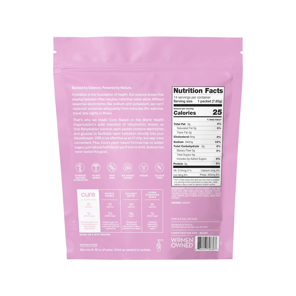 Cure Hydrating Electrolyte Mix | Powder For Dehydration Relief | Fsa & Hsa Eligible | Made With Coconut Water | No Added Sugar | Vegan | Paleo Friendly | Pouch Of 14 Packets - Watermelon Flavor