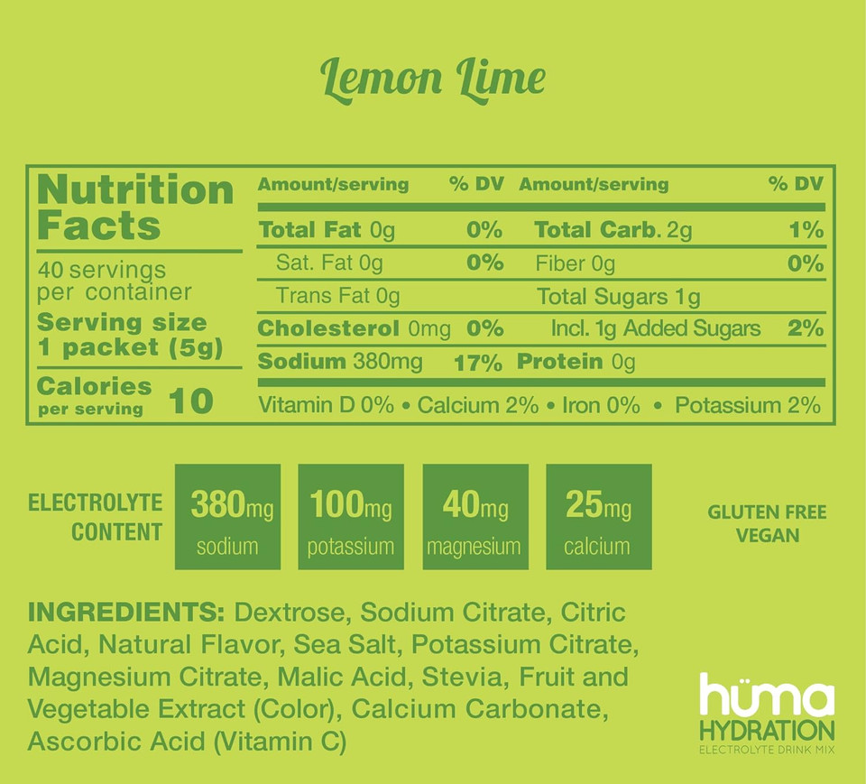 Huma Chia Hydration Drink Mix, Lemon Lime 40 Servings - Low Calorie, High Electrolyte Powder - 100% Natural, 1G Sugar, 10 Cal7.10 Ounce (Pack Of 1)