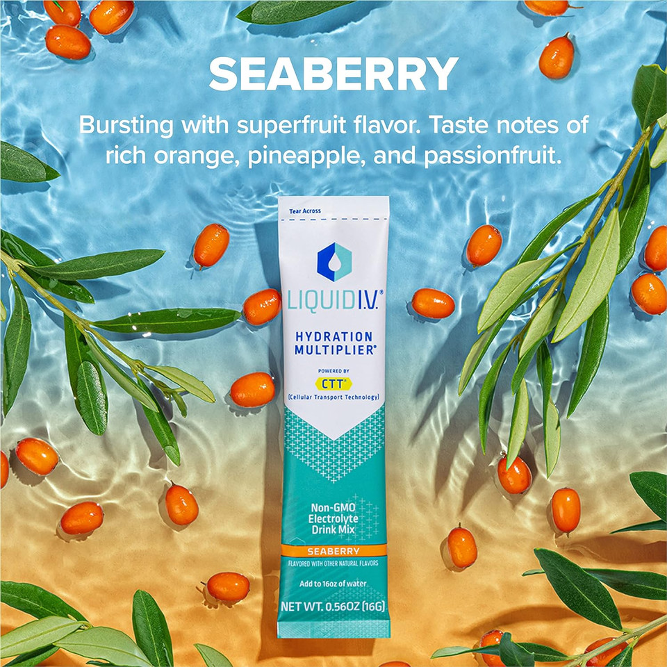 Liquid I.V. Hydration Multiplier - Seaberry - Hydration Powder Packets | Electrolyte Drink Mix | Easy Open Single-Serving Stick | Non-GMO | 16 Sticks16 Servings (Pack of 16)