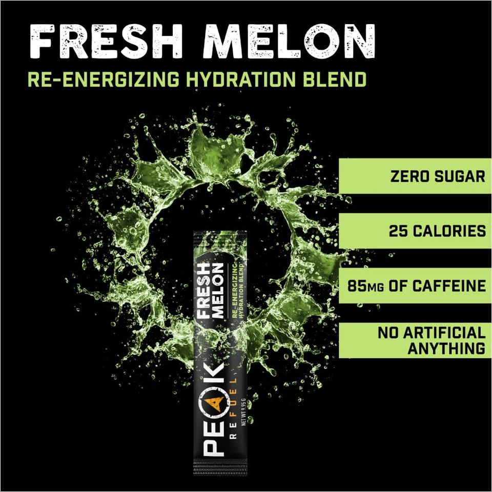 Peak Refuel Re-Energizing Drink Mix | Hydration Blend | Extended Energy | Improved Performance | Increased Focus | Premium Flavors | Easy-Tear Single Serving Sticks | Fresh Melon - 24-Pack