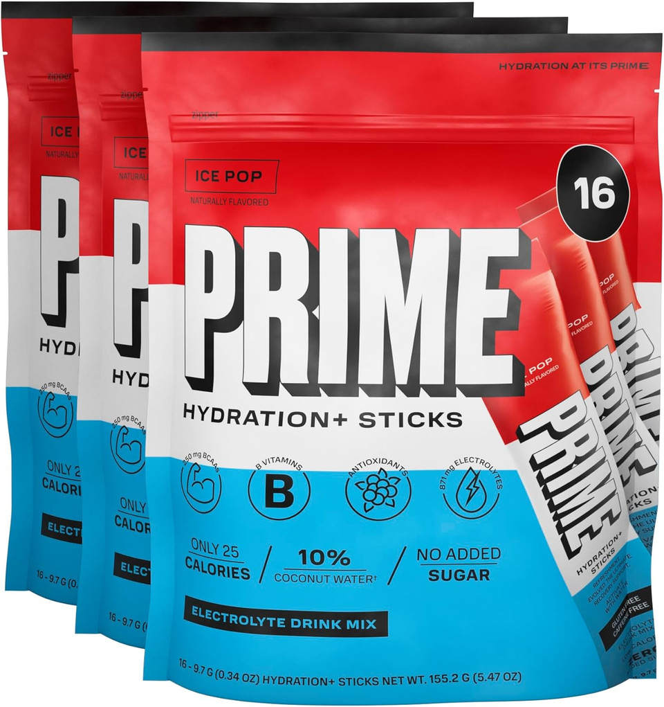 Prime Hydration+ Sticks Ice Pop | Hydration Powder Single Serve Sticks | Electrolyte Powder On The Go | 250Mg Bcaas, B Vitamins, Antioxidants | Low Sugar | Caffeine-Free | Vegan | 48 Sticks