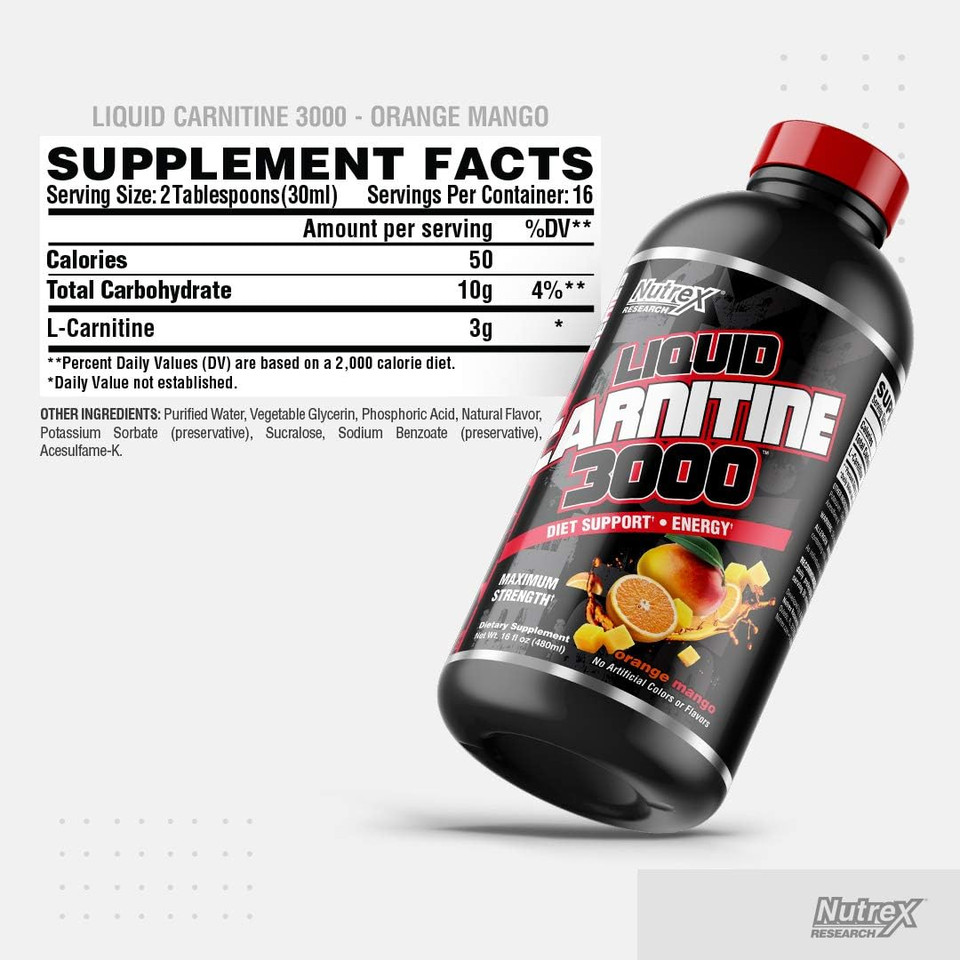 Nutrex Research Liquid Carnitine 3000 | Premium Liquid Carnitine, Fat Loss Support | Orange Mango |16 Fl Ozorange Mango