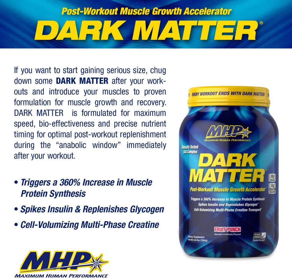 Mhp Dark Matter Post Workout, Recovery Accelerator, W/Multi Phase Creatine, Waxy Maize Carbohydrate, 6G Eaas, Fruit Punch, 20 Servings, 55 Oz