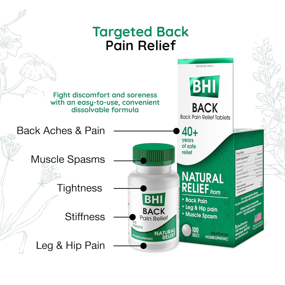 Bhi Back Natural Back, Hip & Leg Pain Relief - 6 Powerful Multi-Symptom Active Homeopathic Ingredients Help Calm Back Pain, Muscle Tightness & Spasms Naturally For Women & Men - 100 Tablets