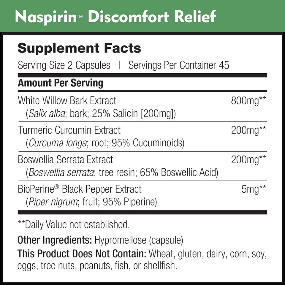 Daily Nutra Naspirin Willow Bark Formula - Natural Relief for The Head, Back, Shoulder, Neck, Knees, & Joints - Extra Strength White Willow Bark Supplement with Turmeric & Boswellia - (3 Pack)90 Count (Pack of 3)