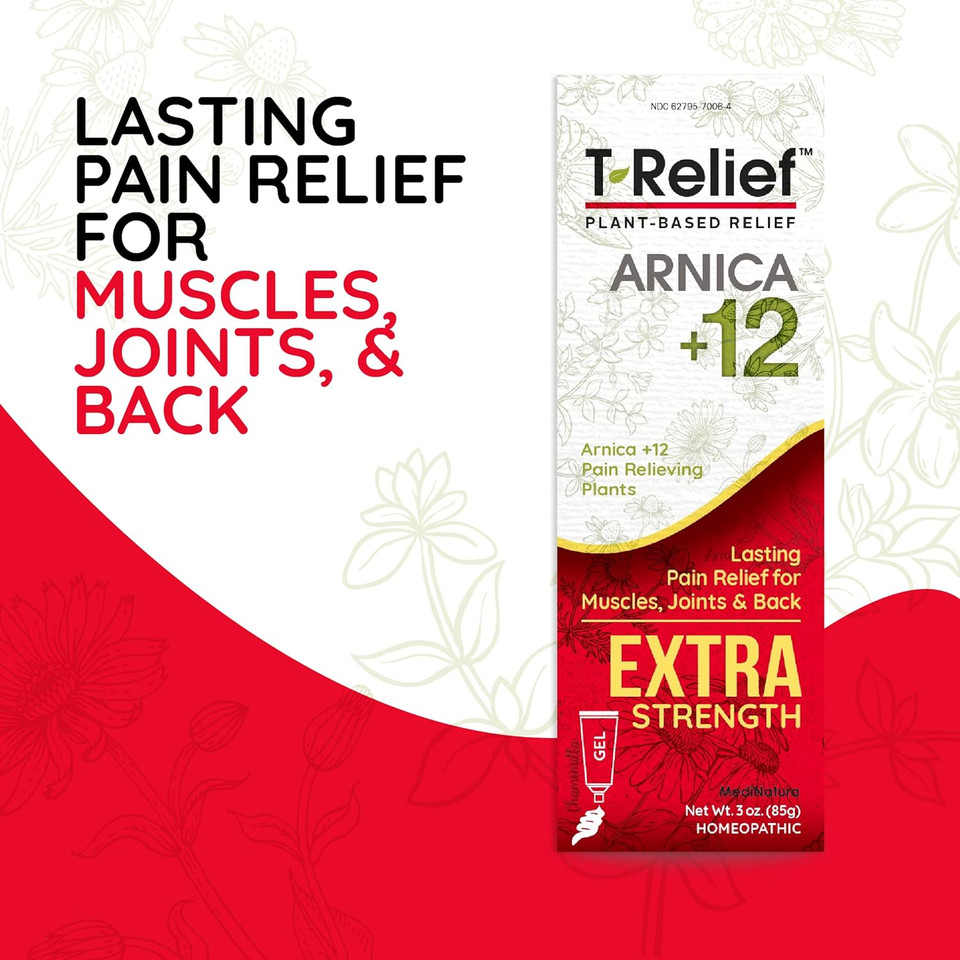 MediNatura T-Relief Extra Strength Gel Arnica +12 Natural Relieving Actives for Back Pain Joint Soreness Muscle Aches & Stiffness Whole Body Fast Acting Relief for Women & Men - 3 oz