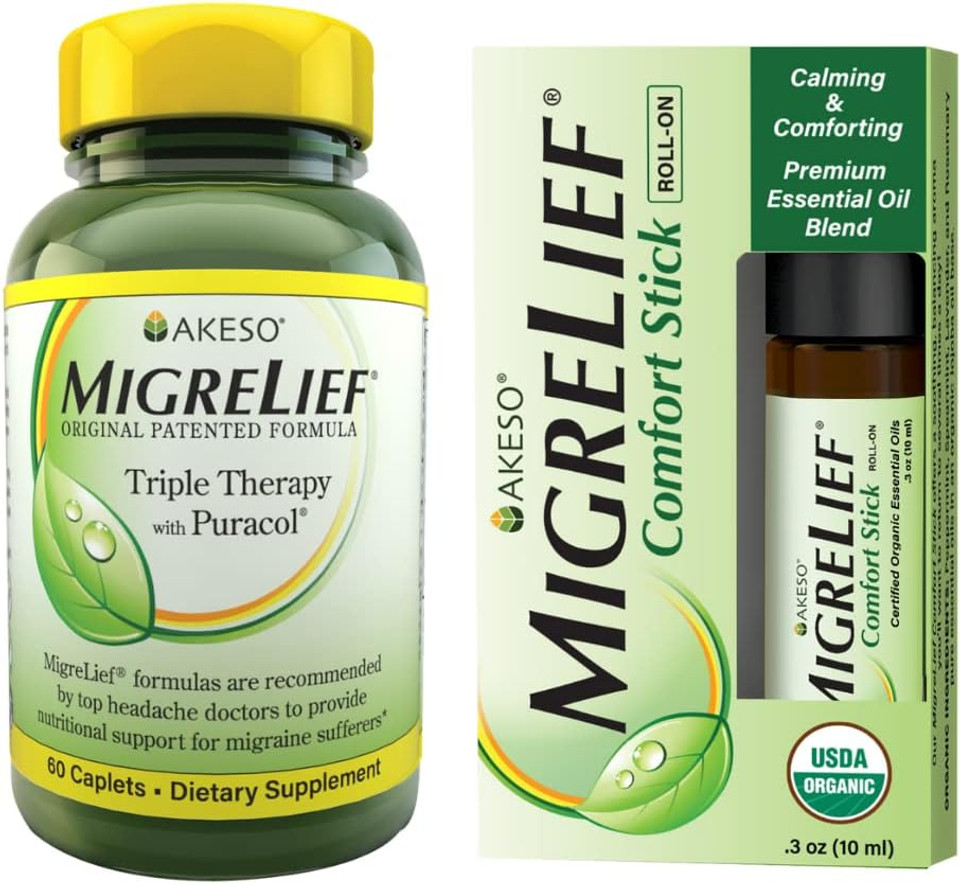 Migrelief Nutritional Support & Comfort Kit For Migraine Sufferers - Migrelief Original Daily Triple Therapy Formula, Plus Migrelief Comfort Stick Essential Oils Roll-On (10Ml) - 1 Month Supply2 Piece Set