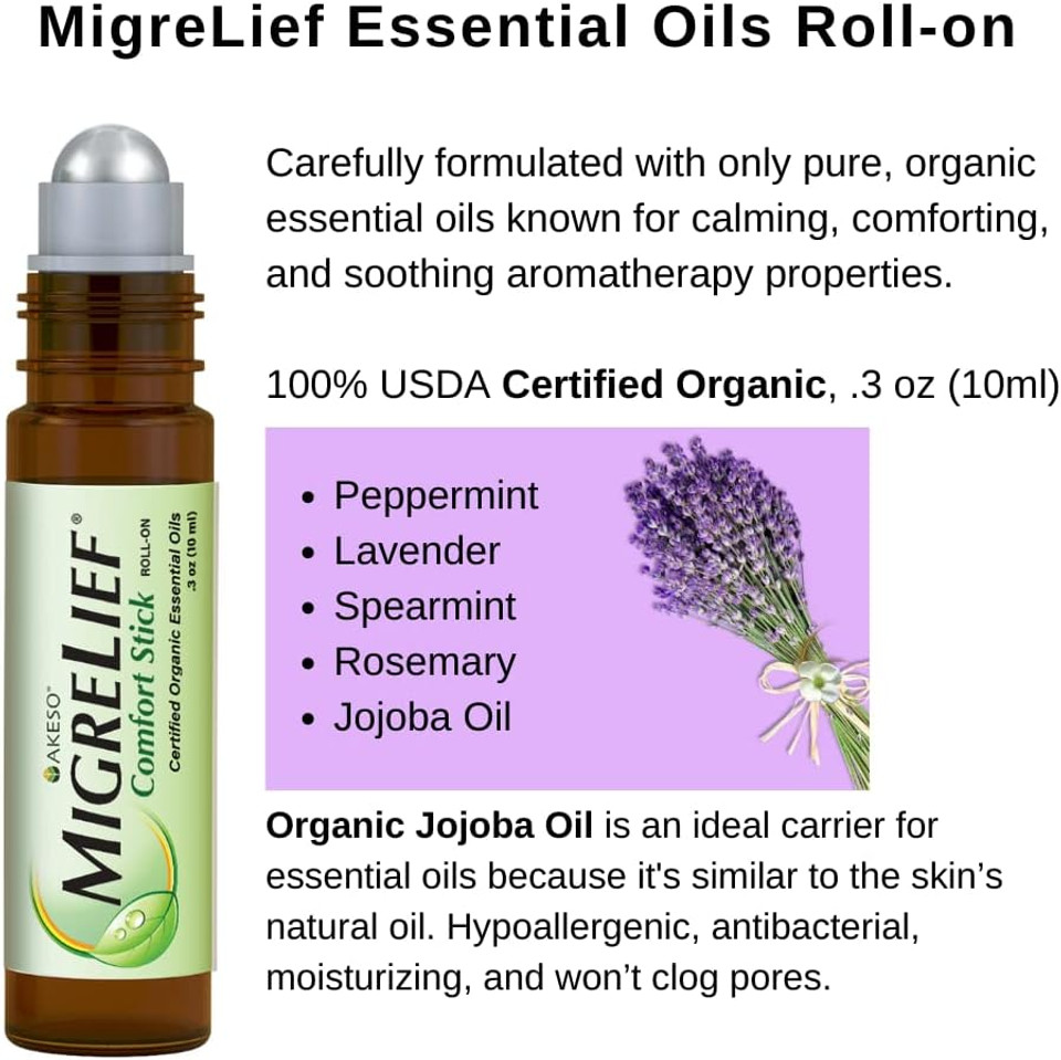 Migrelief Nutritional Support & Comfort Kit For Migraine Sufferers - Migrelief Original Daily Triple Therapy Formula, Plus Migrelief Comfort Stick Essential Oils Roll-On (10Ml) - 1 Month Supply2 Piece Set