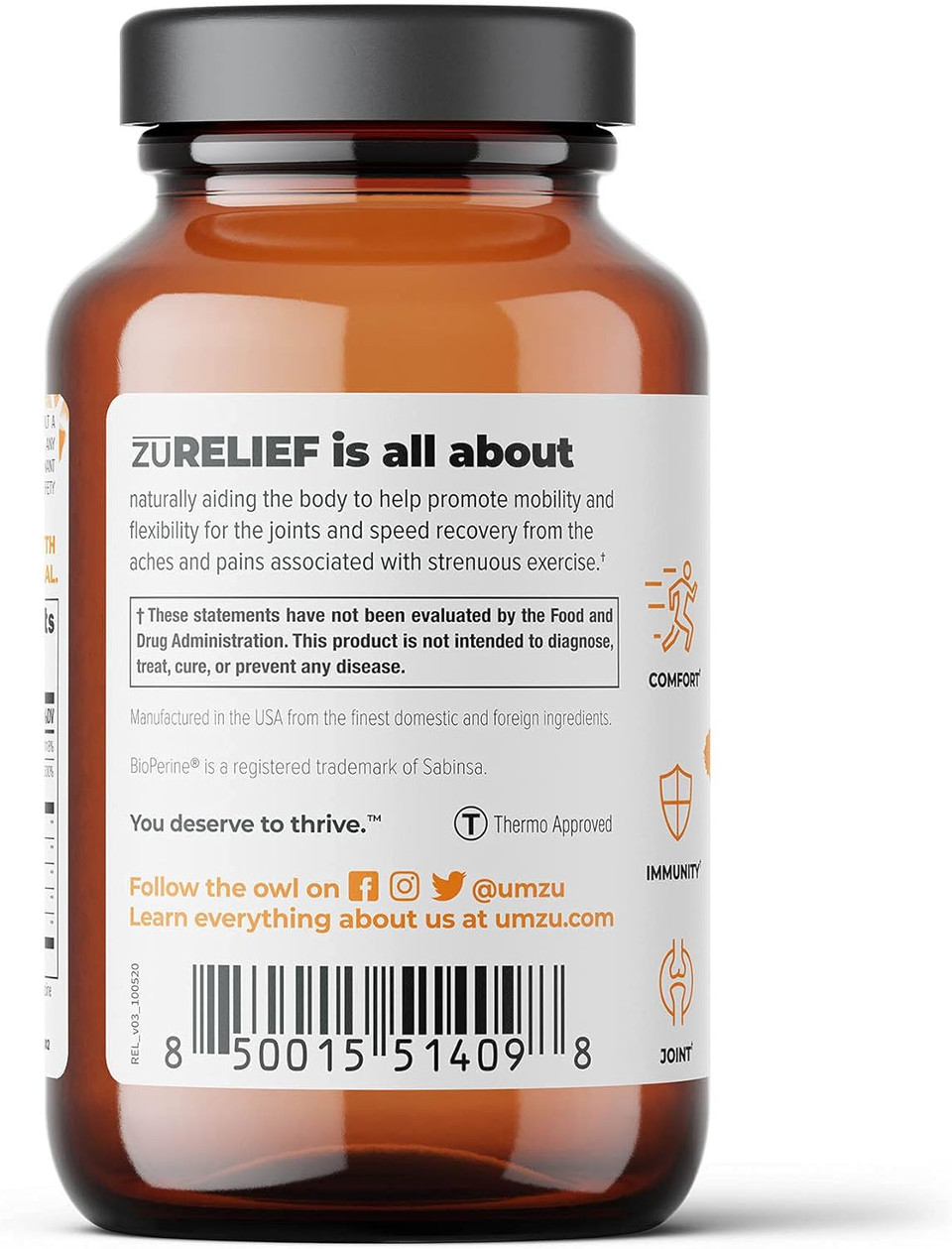 Umzu Zurelief - Comfort & Joint Health Supplement To Support Flexibility, Comfort, Mobility, Gut Health, Turmeric, B6, B12 - (30 Day Supply 60 Capsules)