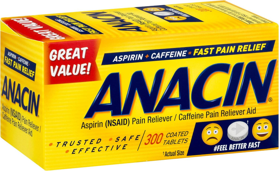 Anacin Aspirin/Caffeine Pain Reliever Aid | Fast Pain Relief | 300 Tablets