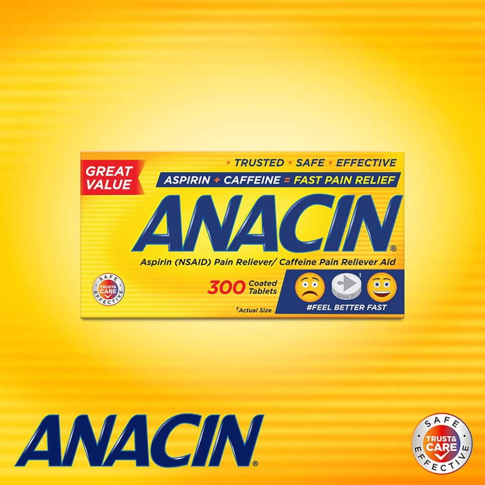 Anacin Fast Pain Relief, Aspirin + Caffeine Pain Reliever, 100 Coated Tablets