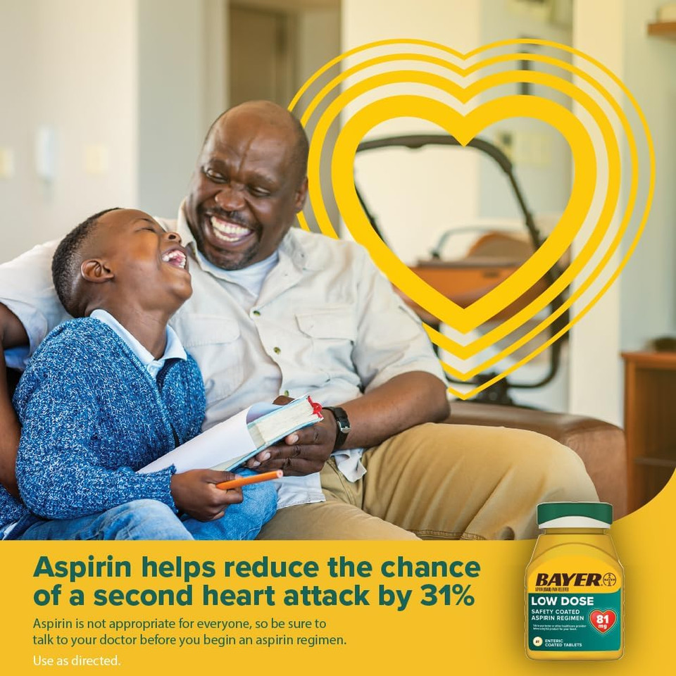 Bayer Aspirin Low Dose 81 Mg, Enteric Coated Tablets, Doctor Recommended, Secondary Prevention Of Cardiovascular Disease, 300 Safety Coated Tablets