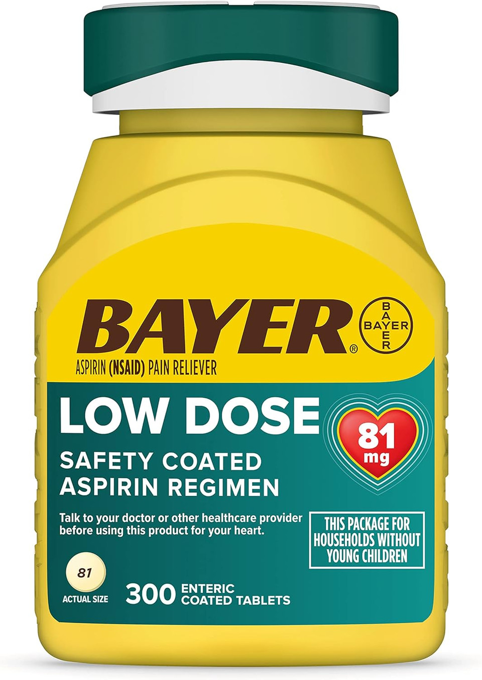 Bayer Aspirin Low Dose 81 mg, Enteric Coated Tablets, Doctor Recommended, Secondary Prevention of Cardiovascular Disease, 300 Safety Coated Tablets