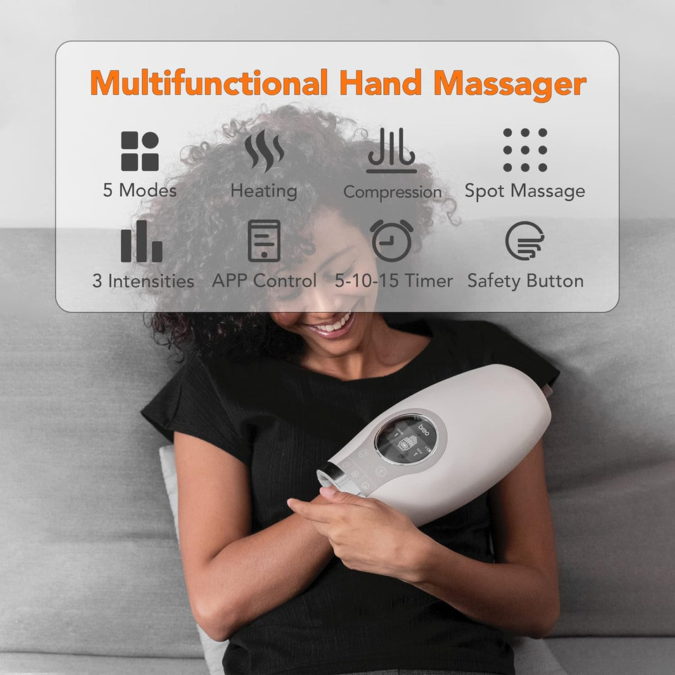 Breo Wowos Hand Massager With Heating Function, App Control, Cordless, Smart Massage For Lady, Finger, Hand Pain Reliefwhite