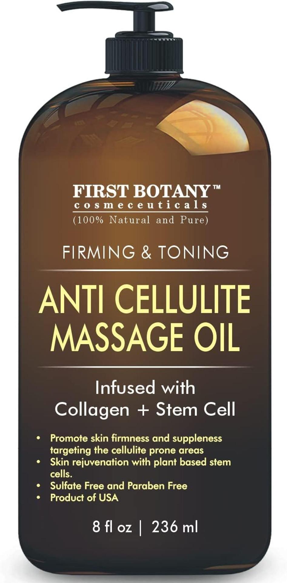 Anti Cellulite Massage Oil - Infused w/Collagen & Stem Cell - 100% Natural Massage Lotion & Cellulite Cream, Remover & Massager - Helps Skin Tightening & Stretch Mark Treatment for Women & Men - 8 oz