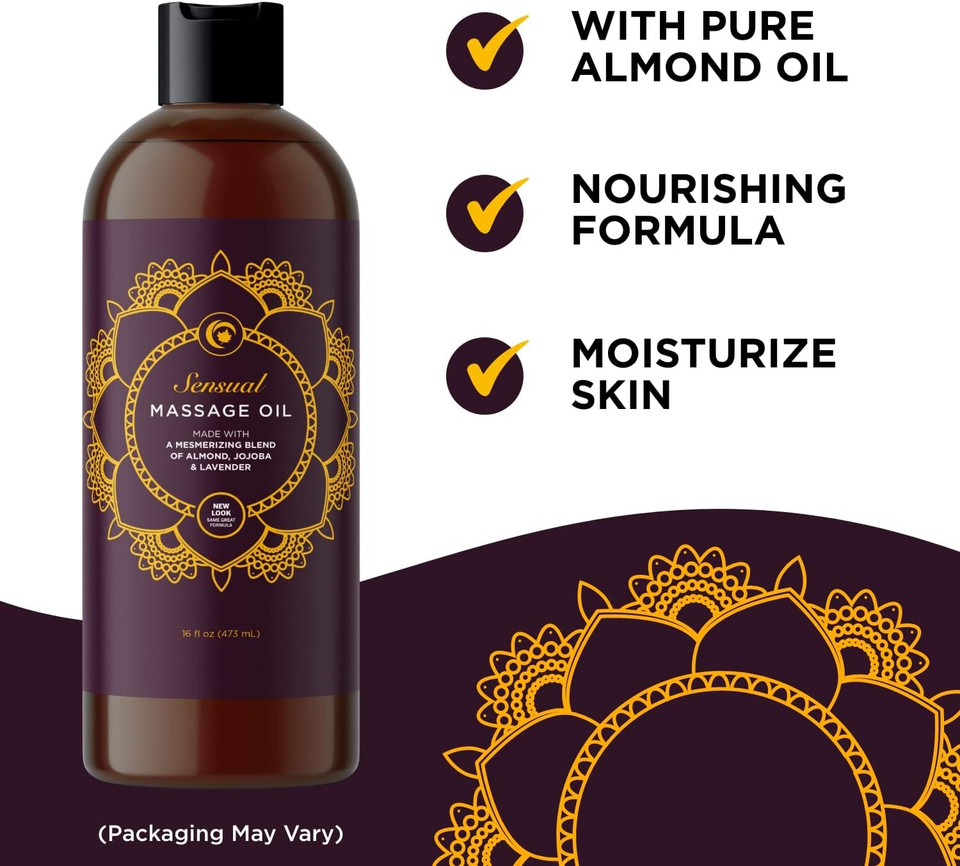 Aromatherapy Sensual Massage Oil For Couples - Relaxing Full Body Massage Oil For Date Night With Sweet Almond Oil - Vegan Lavender Massage Oil For Massage Therapy Smooth Gliding Formula (16 Fl Oz)