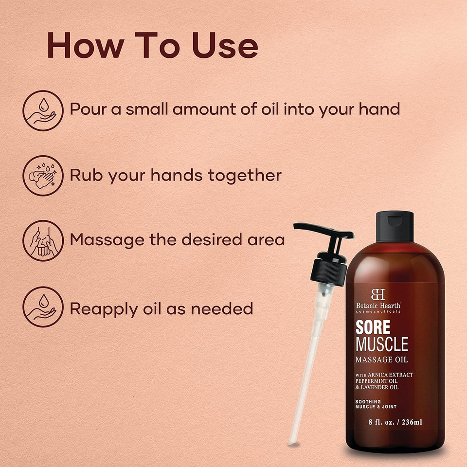 Botanic Hearth Sore Muscle Massage Oil - With Arnica Montana Extract And Essential Oils - Warming And Relaxing - Soothes Tired Sore Muscles And Joints, 8 Fl Oz