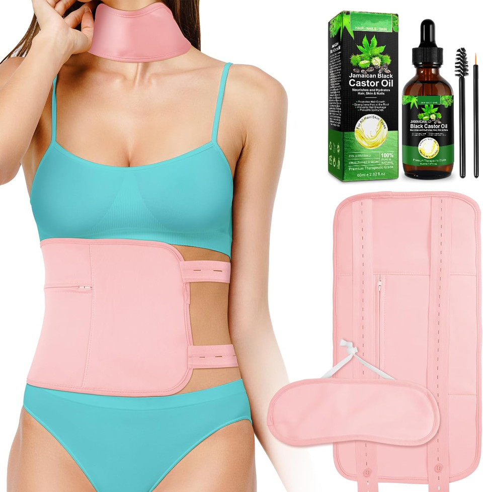 Castor Oil Pack Wrap For Liver, Waist, And Thyroid Neck,Organic Castor Oil Kit-Reusable, Adjustable, Leak-Proof, Machine Washable, Zipper Pocket For Hot/Cold Packs,(Pink(Castor Oil Included))Pink(Castor Oil Included)