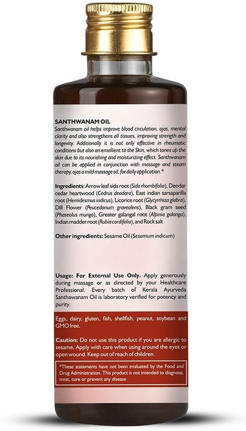 Kerala Ayurveda Santhwanam Oil - Daily Ayurvedic Massage Oil - Supports Vitality & Strength, Balances Tridoshas, 6.76 Fl Oz