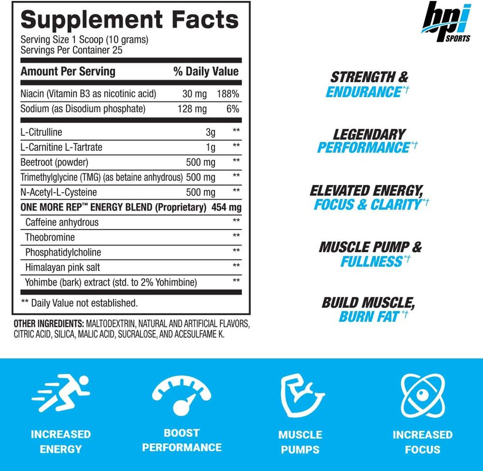 Bpi Sports One More Rep Pre-Workout Powder - Increase Energy And Stamina - Intense Strength - Recover Faster - Beetroot - Carnitine - Citrulline - Berry Splash - 25 Servings - 8.8 Oz
